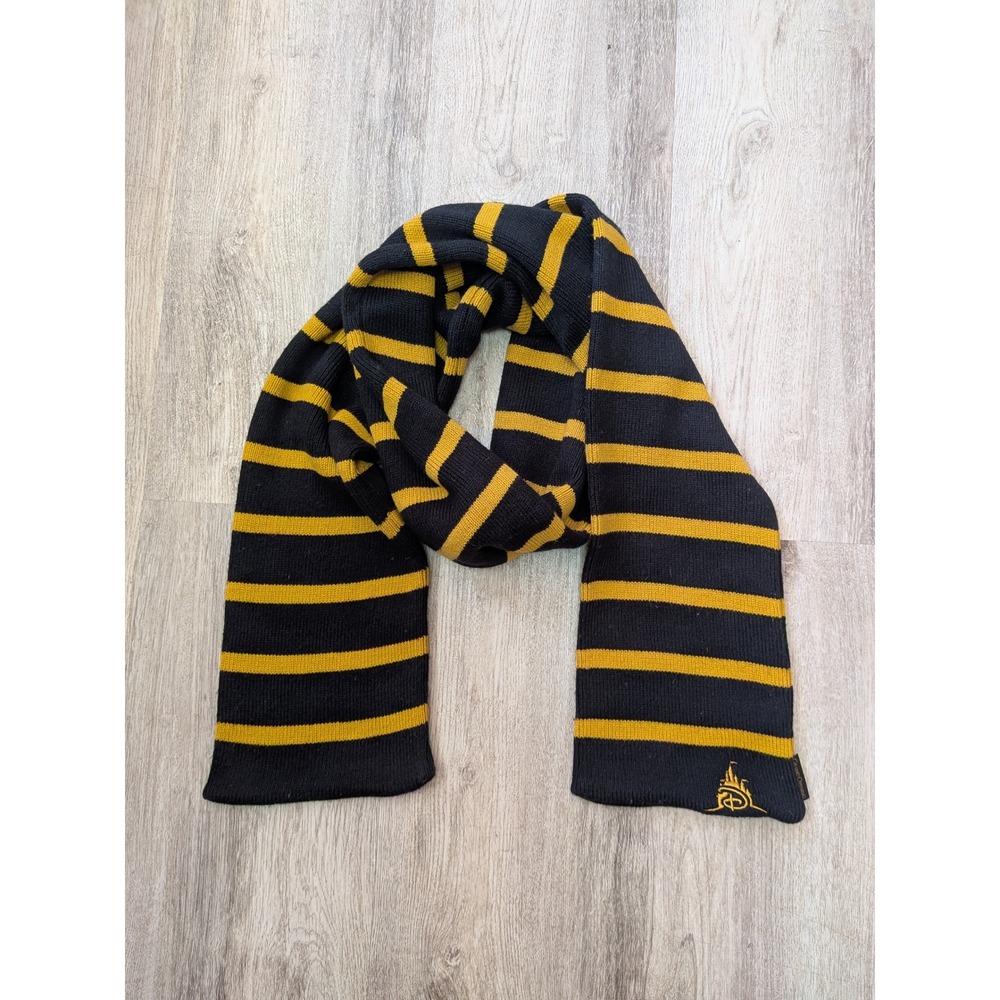 Disney Parks Grand Opening Striped Knit Scarf Black Gold Castle Logo